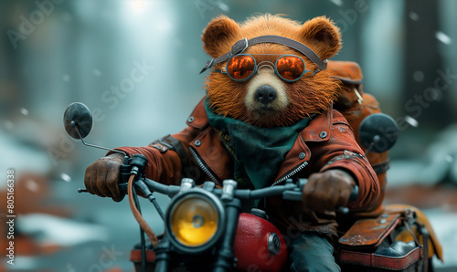 Children's illustration, a bear in sunglasses on a motorcycle. photo