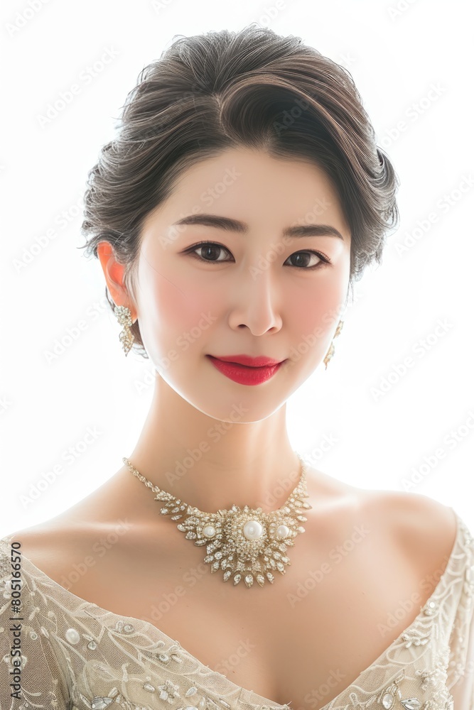 Elegant Evening Ensemble: Full face no crop of a Pretty Young Korean Super Model in a Glamorous Evening Gown and Statement Jewelry, radiating elegant evening allure with a dazzling smile