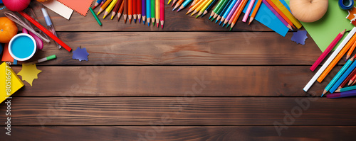 Flat Lay School Stationery On A Wooden Background
