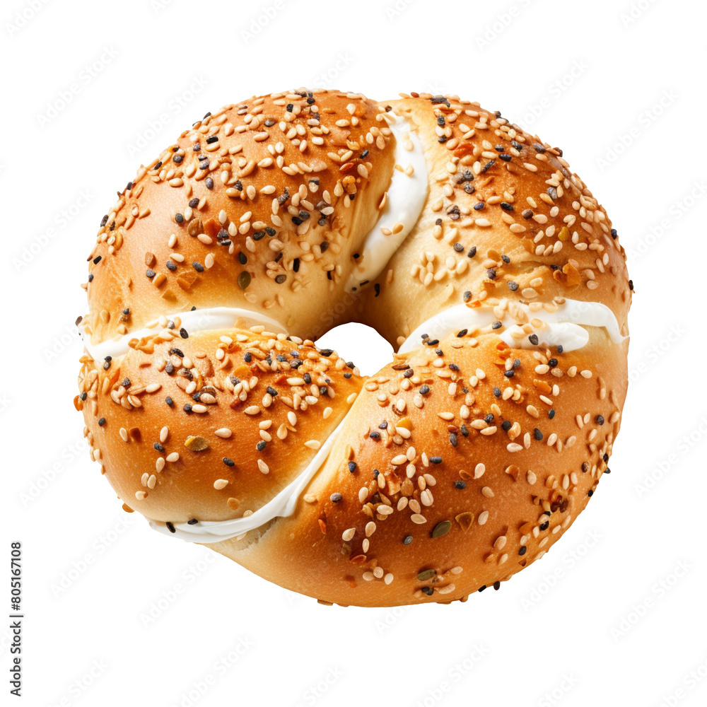 Delicious bread bagel roll with seeds isolated on transparent background