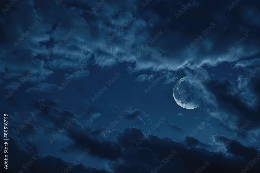 Cloudy Background. Night Sky with Moon and Crescent in Dark Galaxy Cloudy Background. Night Sky with Moon and Crescent in Dark Galaxy