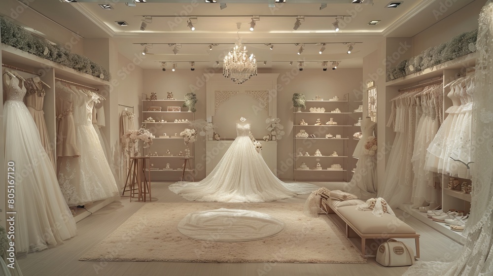 An Exquisite Showcase of Elegance and Romance at the Bridal Boutique, Featuring Luxurious Wedding Gowns and Accessories An Exquisite Showcase of Elegance and Romance at the Bridal Boutique, Featuring Luxurious Wedding Gowns and Accessories