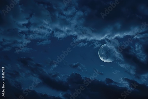 Cloudy Background. Night Sky with Moon and Crescent in Dark Galaxy