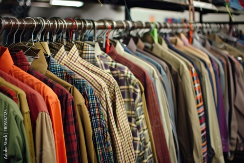 Mens Store: Fashionable Clothing on Display in Thrift Store Rack