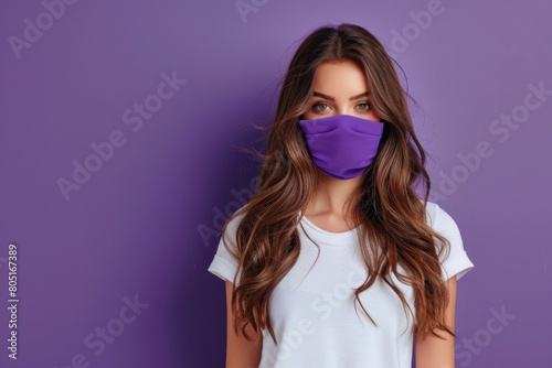 Mask Person. Portrait of Charming Brunette Woman in White T-shirt Wearing Facial Mask for Corona Epidemic Protection
