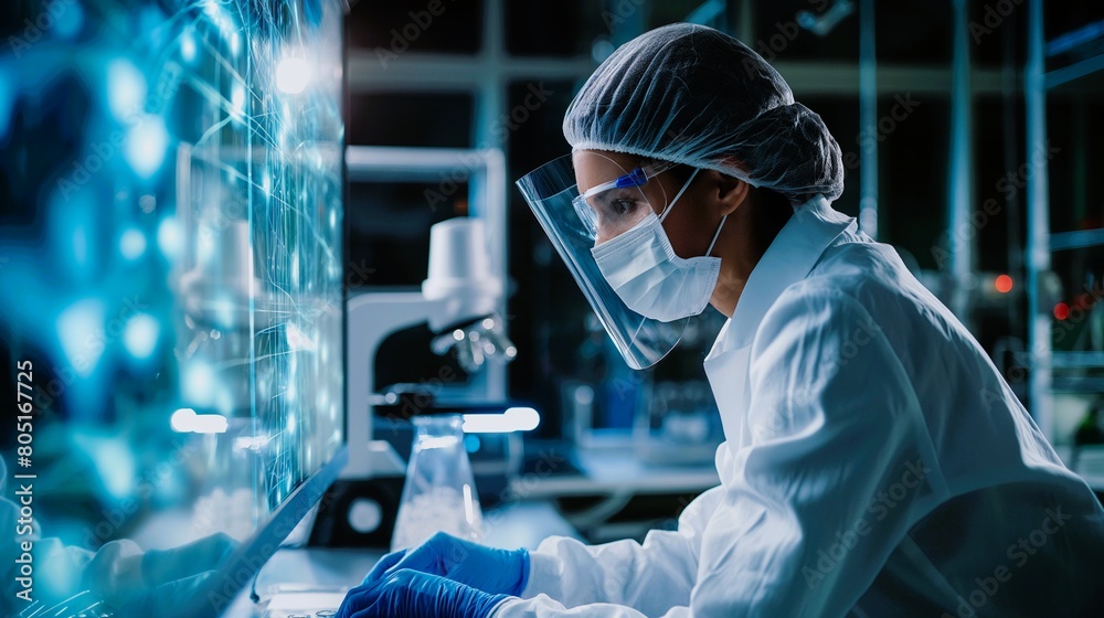 A scientist in a lab coat is working on a computer monitor concept. Scientist is likely working on a complex project or experiment.The role of technology Investigate. Generate ai illustration. A scientist in a lab coat is working on a computer monitor concept. Scientist is likely working on a complex project or experiment.The role of technology Investigate. Generate ai illustration.