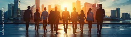 A group of business professionals is walking towards the sunset in a major city photo
