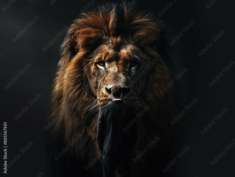 A lion stares down at a man in a business suit A lion stares down at a man in a business suit