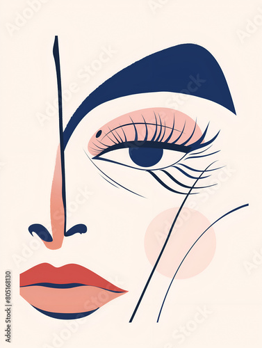 Illustration féminine, affiche d'un visage abstrait, tracés poétiques bleus et roses photo