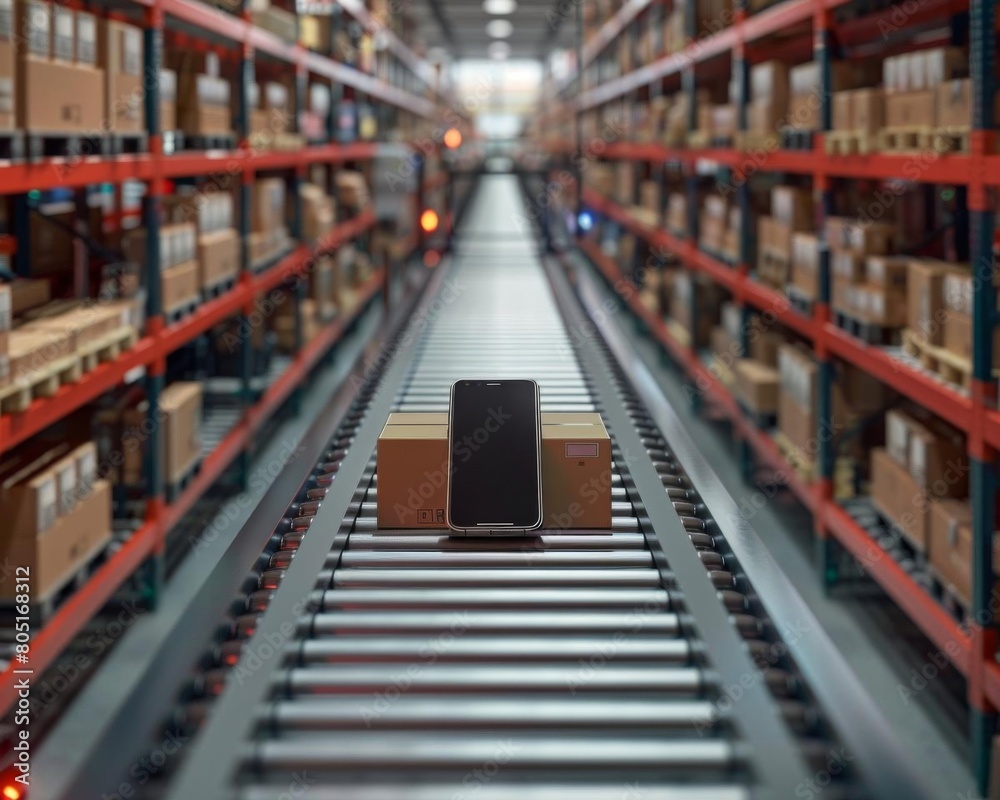 A smartphone sits on a conveyor belt in a modern warehouse