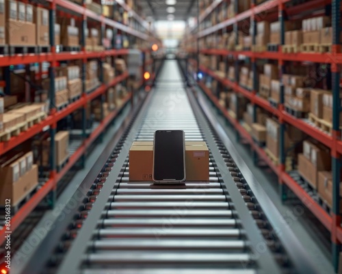 A smartphone sits on a conveyor belt in a modern warehouse © Pairat