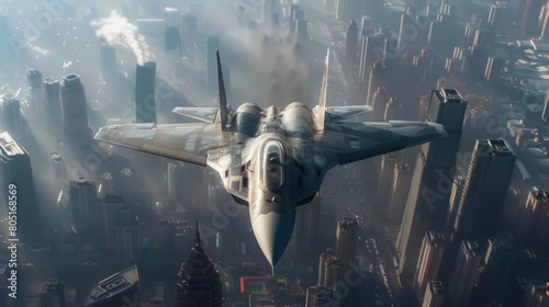 A Sukhoi Su-57 fighter jet flies over a city