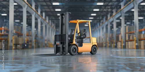 Forklift for transporting and lifting loads. Pallets with boxes and containers in a goods warehouse 3D-Darstellung