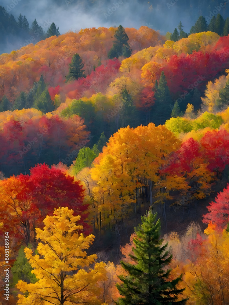 Vibrant Fall Wonderland, Painting Showcasing the Beauty of Autumn with Red and Yellow Trees, Pine Trees, and Elegant Minimalist Scenery.