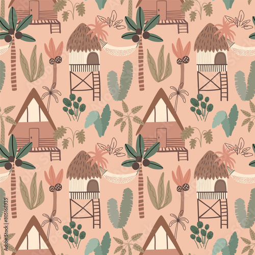 Pink jungle seamless pattern. Cute palm tree, big banana leaves, cabins, rainforest house hemlock. Summer vector print, wallpaper repeat background. Hand drawn tropical plants botanical textile design