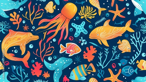 This captivating seamless pattern showcases a stunning array of marine life  perfect for creating a serene and calming atmosphere in any space. The intricate design features various aquatic creatures