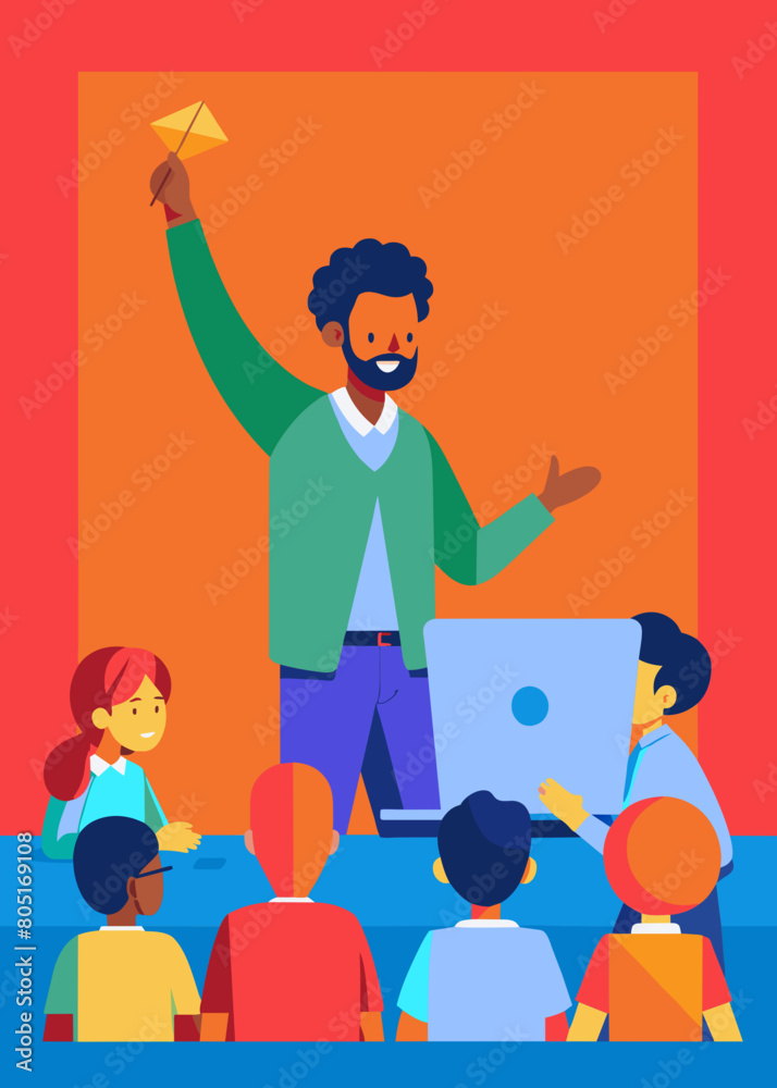 Excited Happy Teacher Explaining a Math Lesson to a Classroom Full of Bright Diverse Children in Primary School. Little Black Boy Browsing a Presentation on a Laptop Computer Excited Happy Teacher Explaining a Math Lesson to a Classroom Full of Bright Diverse Children in Primary School. Little Black Boy Browsing a Presentation on a Laptop Computer