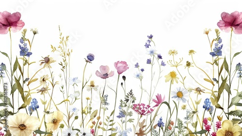 This exquisite watercolor showcases an assortment of whimsical wildflowers, each with intricate details on their petals, set against a pristine white background. A thin gold metallic frame elegantly