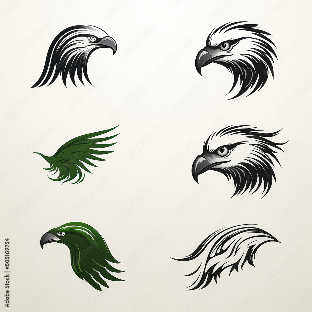 Naklejka premium A series of different bird head designs, including a bald eagle, a hawk