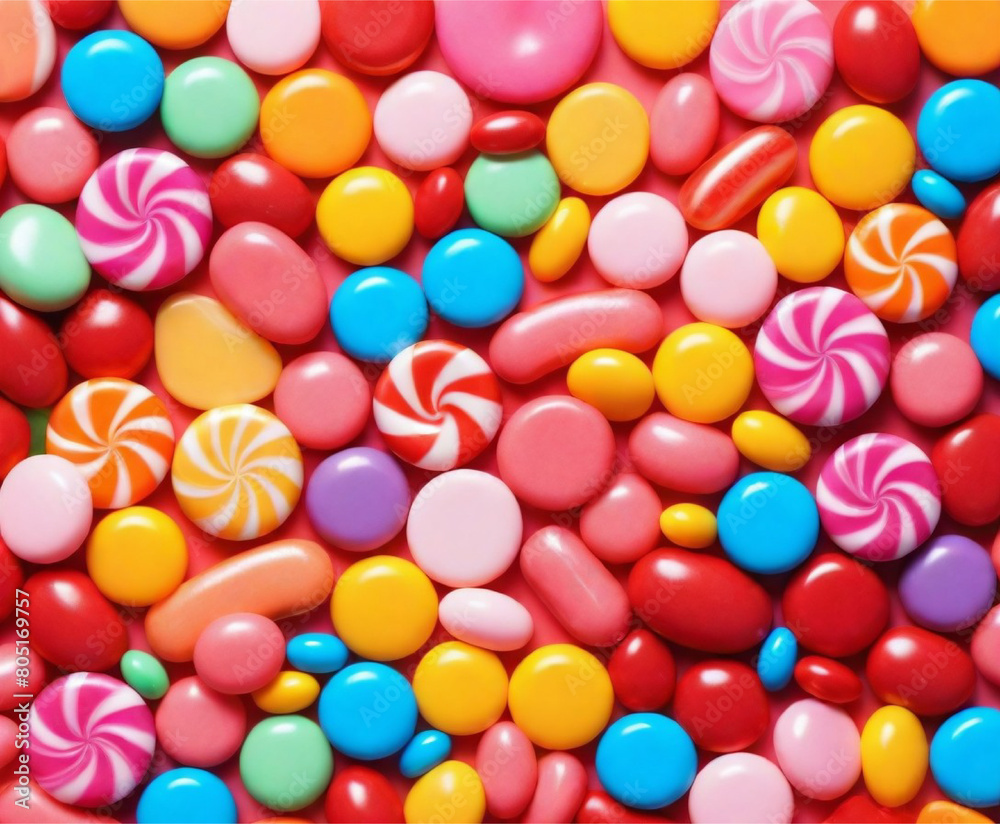 Candies of multiple colors on a red background.  Banner in bright  blue, yellow, red, orange, green colors