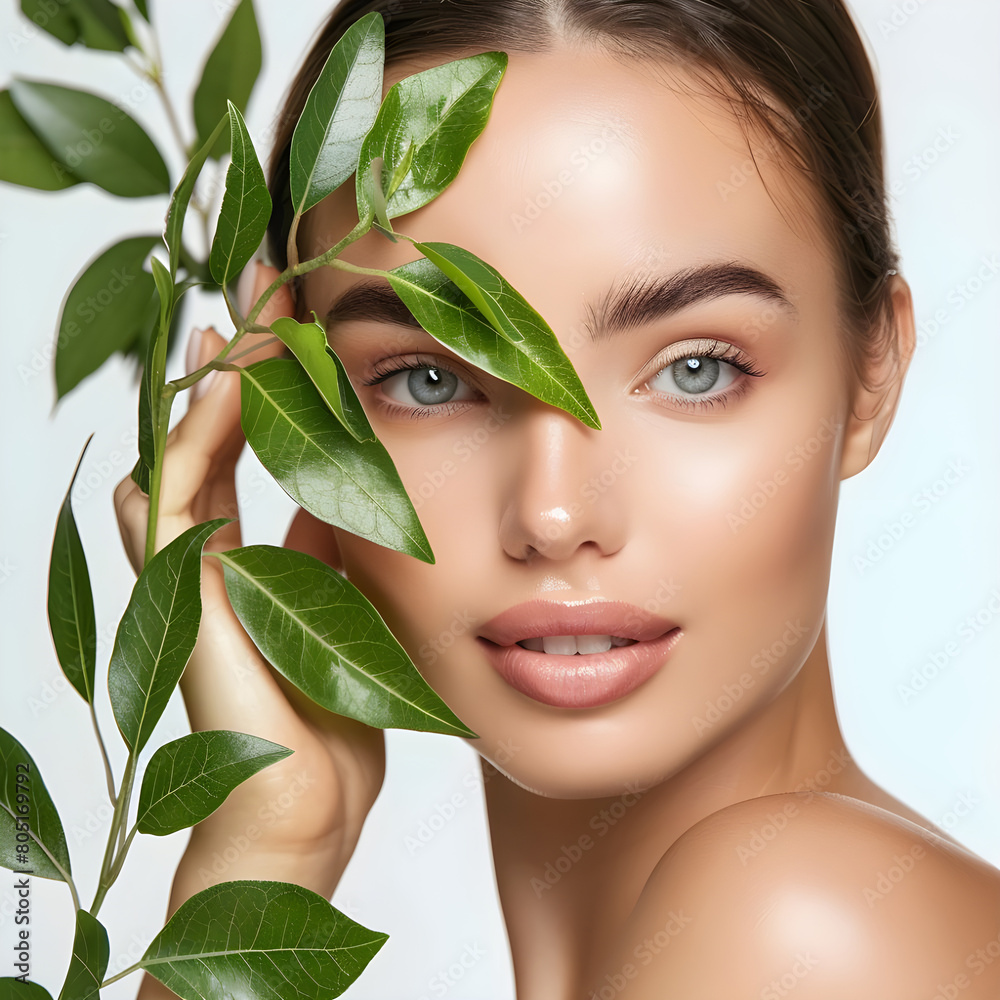 Skin care woman with leaves, Organic product model, models simple photoshoot Skin care woman with leaves, Organic product model, models simple photoshoot