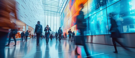 Fast movement and blurred business people in A bustling corporate lobby with business professionals networking, exchanging ideas beside a digital interactive wall displaying real-time market analytics