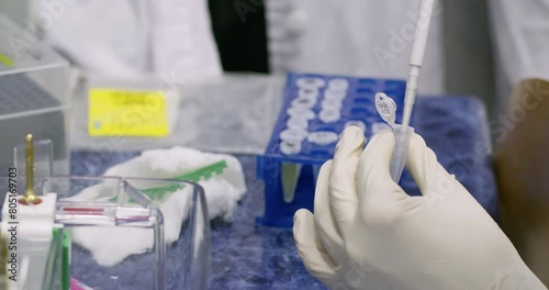 Medic fills pipette with contaminated material from small container in lab closeup. Scientist tests organic materials with laboratory equipment among glassware photo