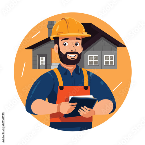 Smiling male construction worker wearing hard hat, safety vest inspecting clipboard. Residential house construction site portrait professional builder. Confident supervisor, contractor supervising