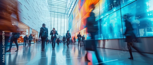 Fast movement and blurred business people in A bustling corporate lobby with business professionals networking, exchanging ideas beside a digital interactive wall displaying real-time market analytics