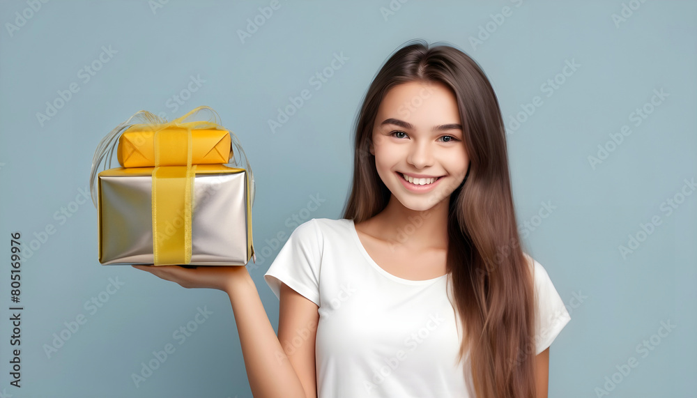 Young beautiful girl with gift package, Happy smiling face Young beautiful girl with gift package, Happy smiling face