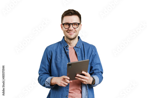A man with glasses uses a tablet, a freelance creative designer, a cut-out background
