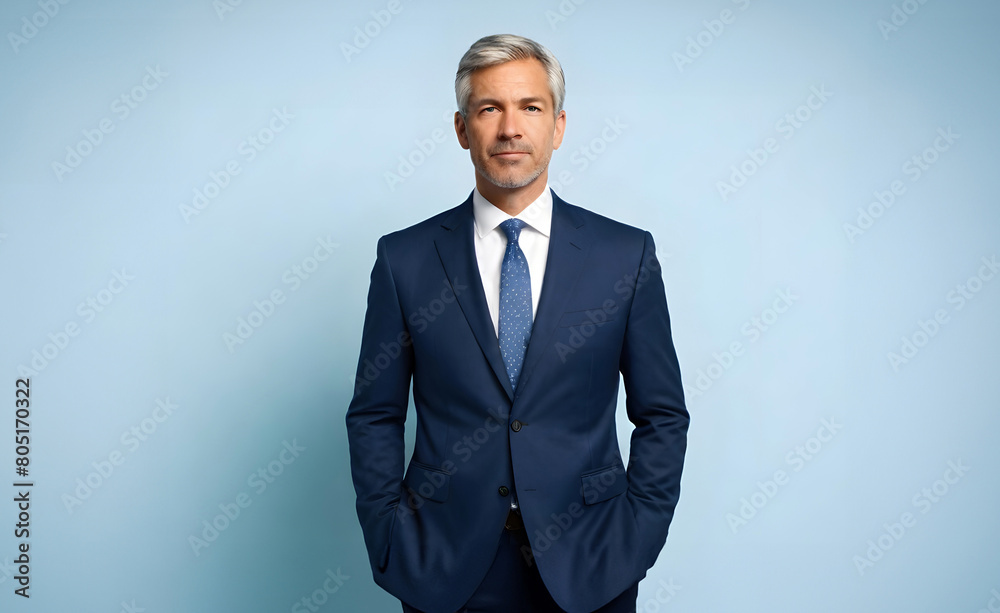 Close-up portrait of a middle-aged confident CEO boss businessman wearing a blue coat and professional formal outfit isolated from the background Close-up portrait of a middle-aged confident CEO boss businessman wearing a blue coat and professional formal outfit isolated from the background