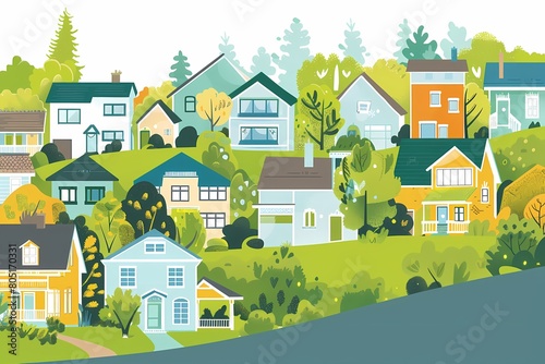 Illustration of houses in the style of flat design, featuring a cheerful and colorful depiction of various types of modern single family homes arranged on rolling hills. Ai generated 