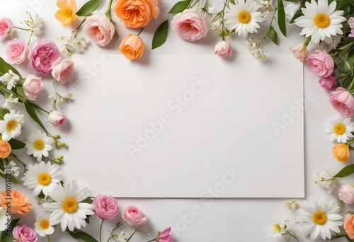 Floral banner or website screensaver with spring flowers around a white canvas with empty space for text  idea for spring holidays greetings and Happy Valentine s Day cards