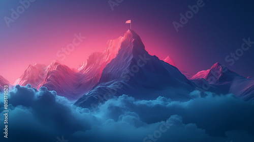 Digital mountain in a futuristic polygonal style. The path to success or business goals achievement concept. Vector illustration of a mountain with a flag, polygonal wireframe.  © Wasin Arsasoi