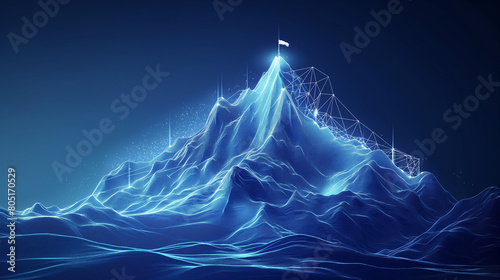 Digital mountain in a futuristic polygonal style. The path to success or business goals achievement concept. Vector illustration of a mountain with a flag  polygonal wireframe. 