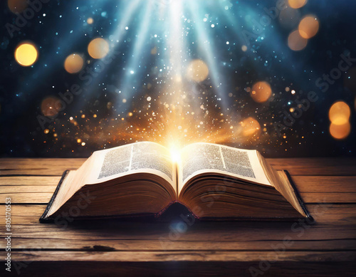 Open book on wooden vintage table with mystic magic bright light on background 