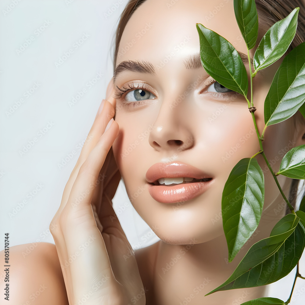 Skin care woman with leaves, Organic product model, models simple photoshoot Skin care woman with leaves, Organic product model, models simple photoshoot
