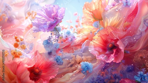   A painting of pink and blue flowers against a harmonious blue and pink background Bloomings blooms radiate lighter bubbles