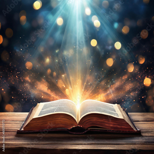 Open book on wooden vintage table with mystic magic bright light on background 