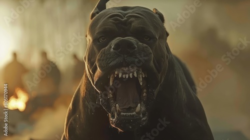   A black dog with its mouth widely open photo
