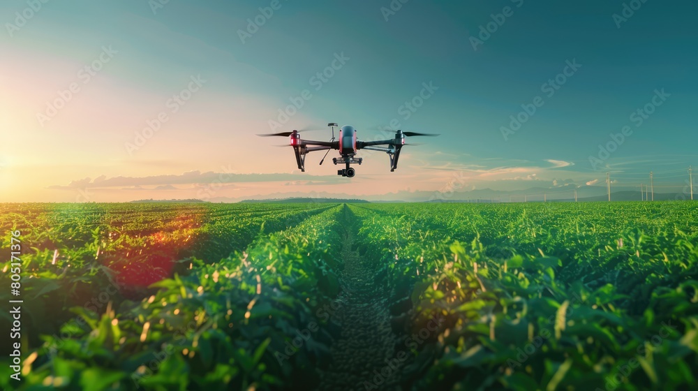 A drone flying above the green fields