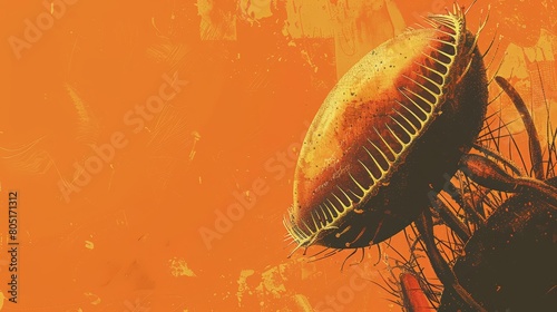   A tight shot of a fruit fly against a yellow and orange backdrop, featuring a grunge texture at the image's bottom photo