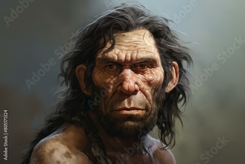 Intense Neanderthal man face portrait. History ancient museum early era. Generate Ai