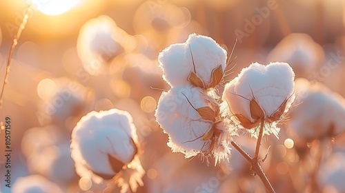  sun illuminates leaves, cotton flowers at forefront