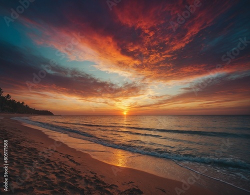 Get lost in the colors of a vibrant sunset over a tranquil beach landscape. 