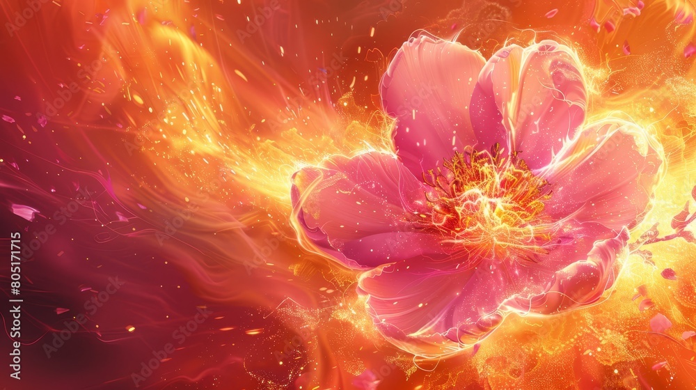 Fototapeta premium A pink bloom with a yellow core, encircled by yellow and red spirals, and specks of sparkles against a red and orange backdrop