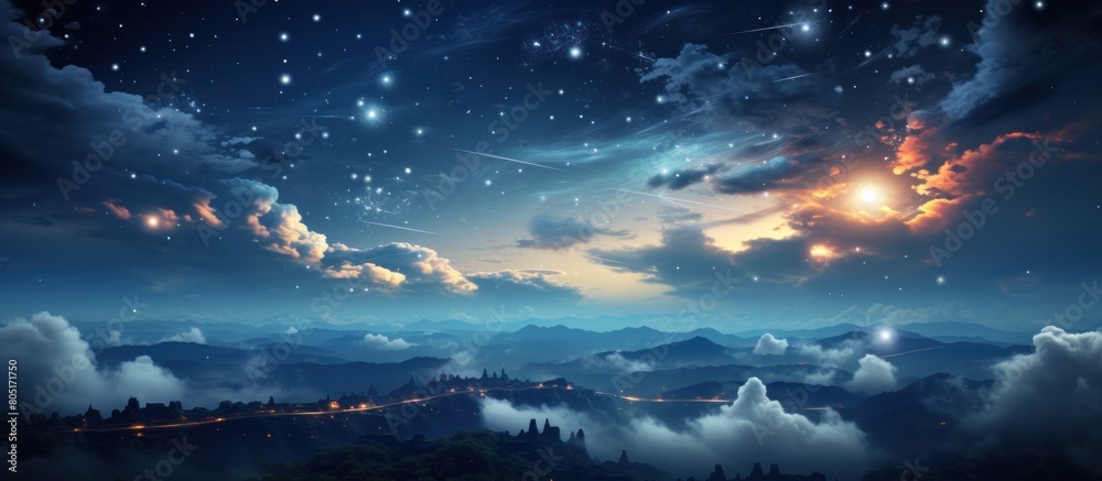 Fantasy landscape with mountains and moon.