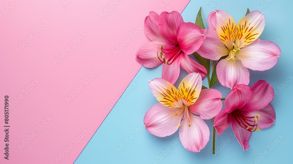   A pink flower bouquet against a blue-pink backdrop with a diagonal pink-blue stripe