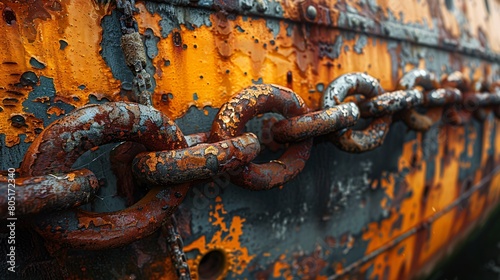 A rusted metal chain is securely fastened to a boat on the dock photo